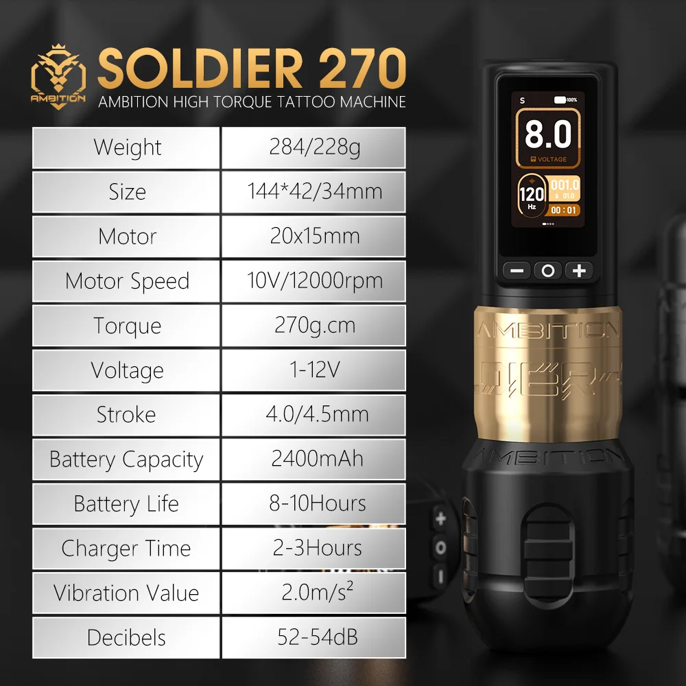 Ambition Soldier270 Wireless Tattoo Machine 4.0-4.5mm Stroke Brushless Motor Pen Professional 2400mAh Battery Grip 34-42mm