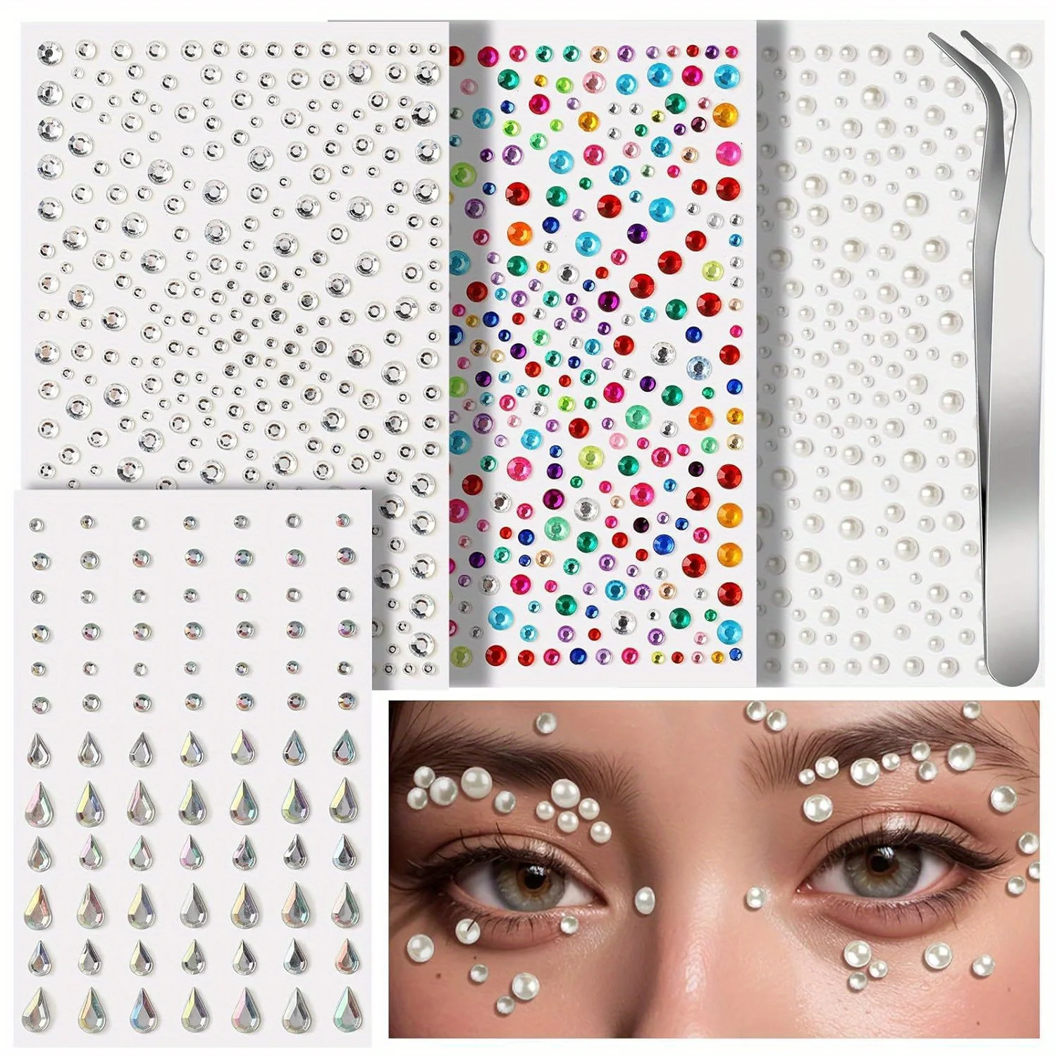 4 Blatt Teenager-Gesichts-Edelstein, selbstklebend, Gesichtswasser, Diamant-Make-up, Festival, Gesichts-Edelstein, klebriges Perlenhaar, Edelstein, Wasser