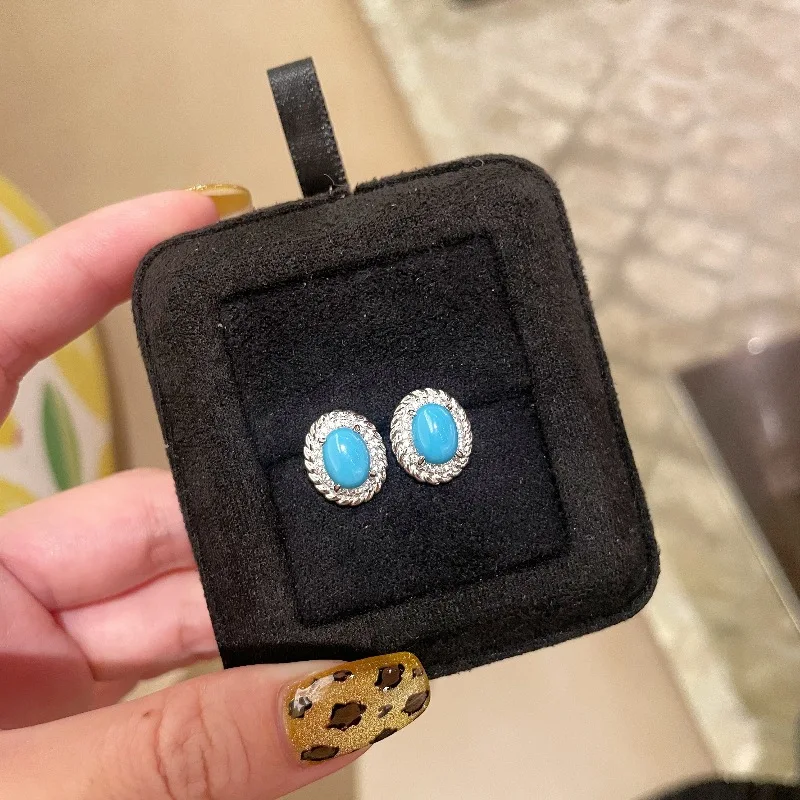 Luxury retro surround with oval turquoise earrings for women necklace silver 925 diamonds exquisite blue jewelry sets