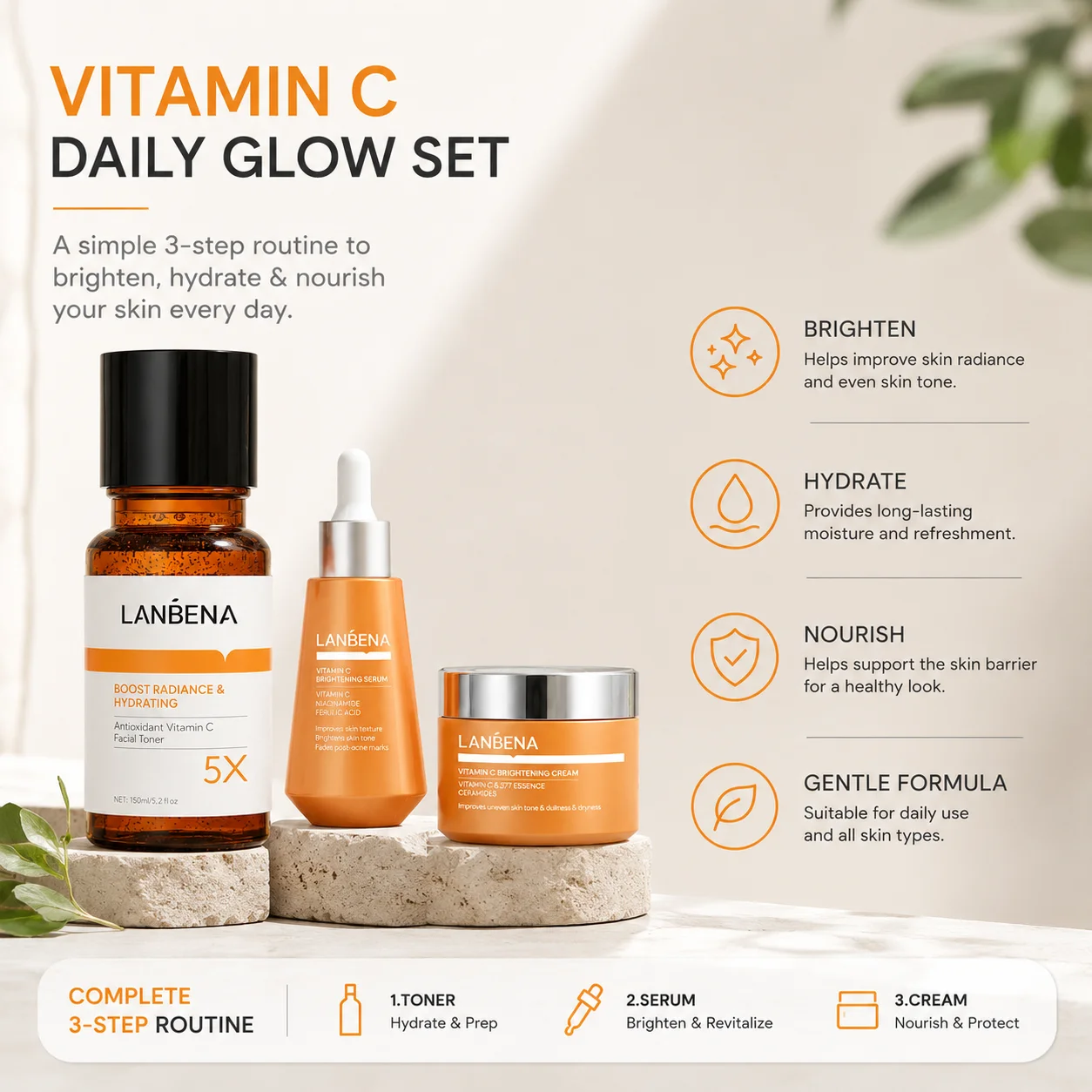 LANBENA VC Toner Essenz Creme Aufhellend und Feuchtigkeitsspendend 3-teiliges Set – Detail 2