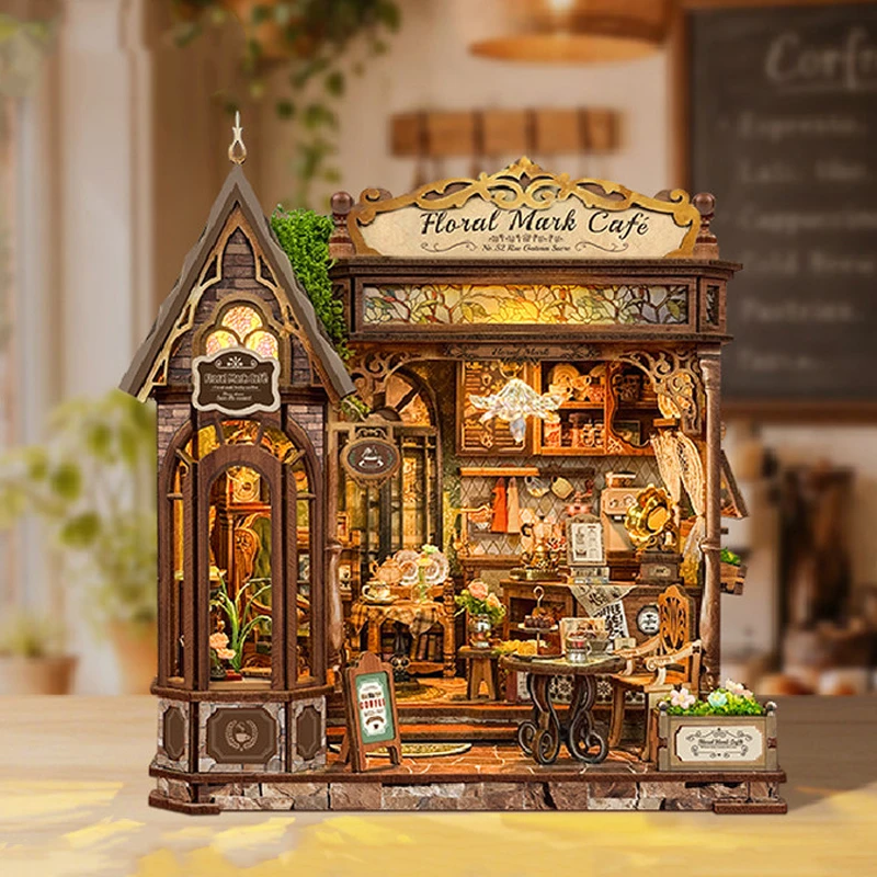 DIY Wooden Floral Mark Cafe Shop Figurines Miniatures Kits Assembled Houses Casa for Friends Birthday Gifts Home Decor Crafts view 3