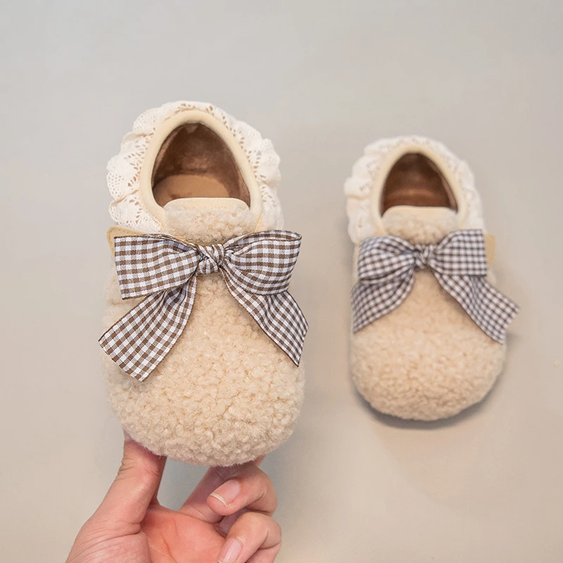طفل الفتيات الشقق الأطفال فو فروي قارب أحذية أطفال فراشة الدانتيل حافة أحذية ناعمة طفل الفتيات أحذية الشتاء الدافئة #3