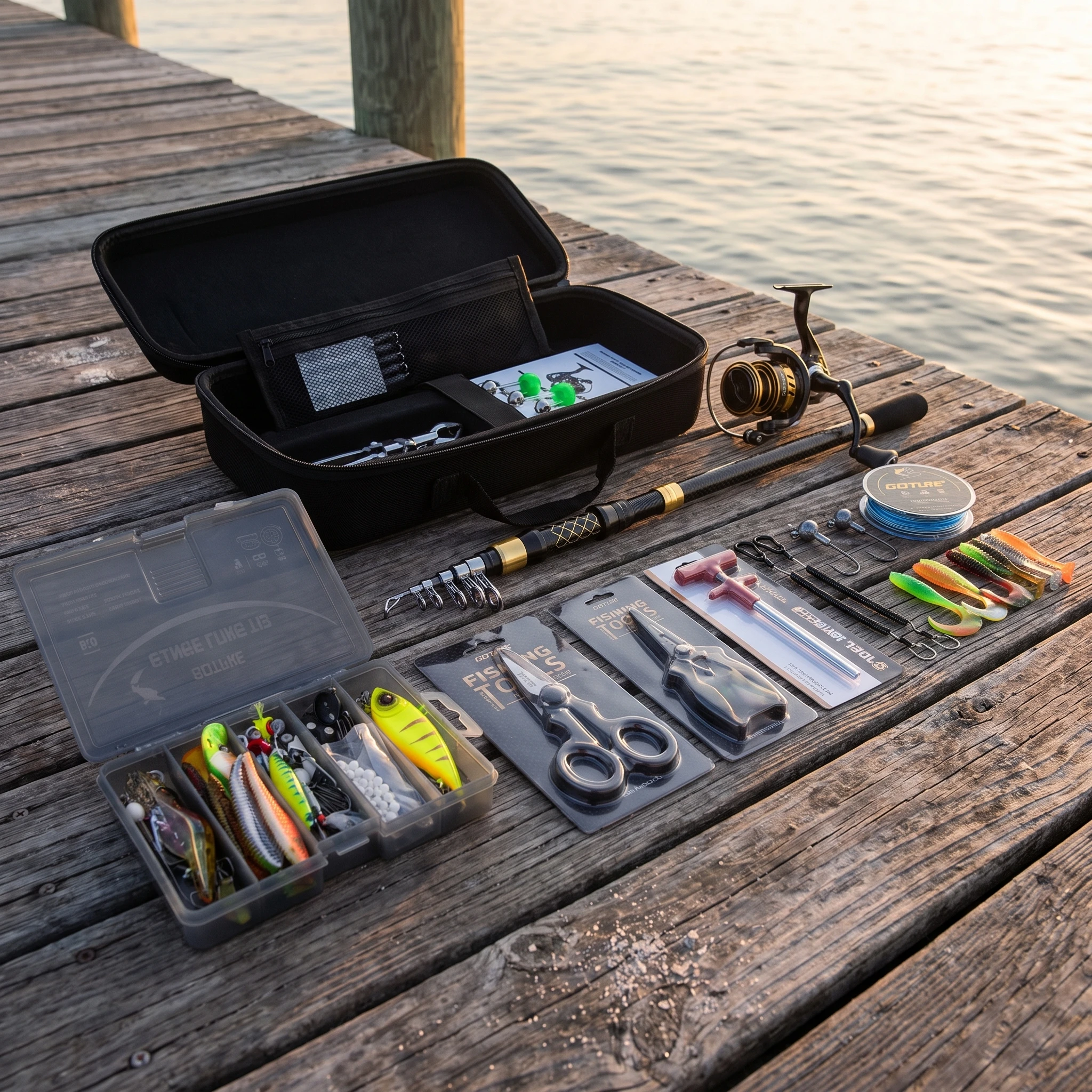 Combo de Caña de Pescar Telescópica Goture, Kit Completo de Caña de Pescar + Carrete Giratorio + Línea, Señuelos, Anzuelos con Bolsa para Vara de Pesca