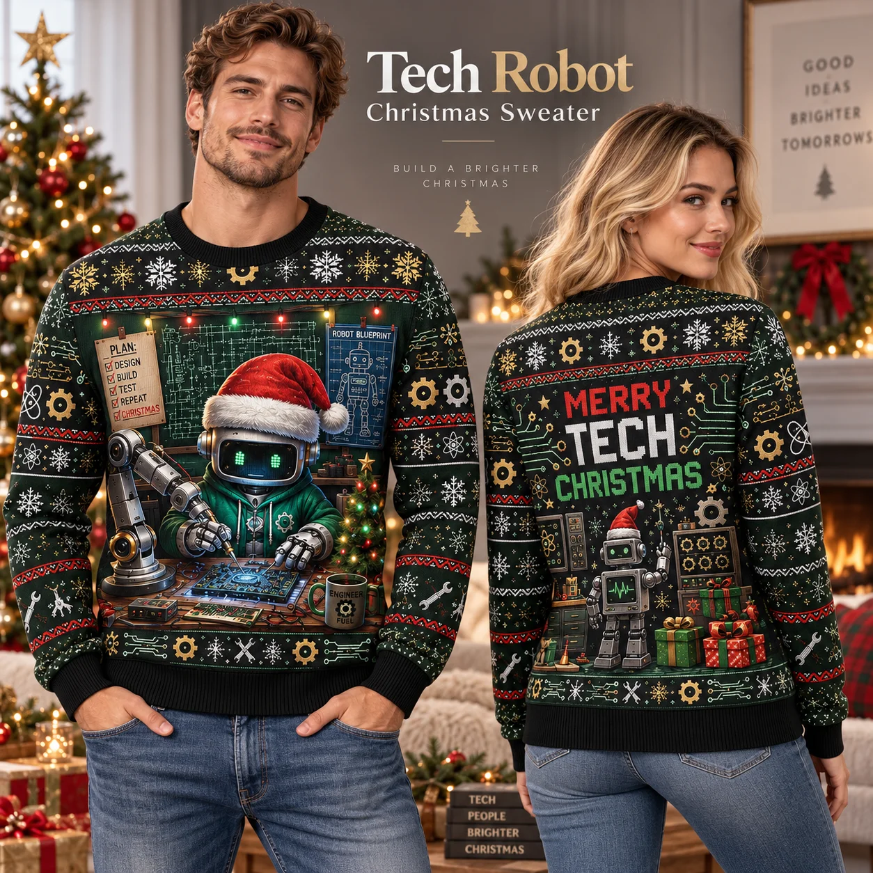New Tech Robot Ugly Christmas Sweater for Men Women, Engineer Holiday Sweaters with Circuit Board Christmas Party Design