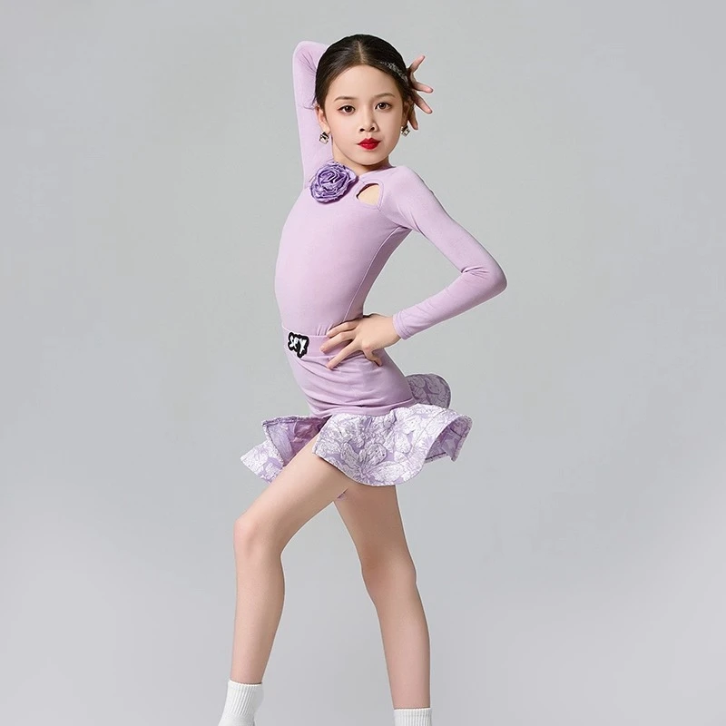 Trajes de baile de salón latino personalizados para niños y niñas, ropa de práctica, conjuntos divididos de rendimiento, vestido de manga larga con flecos