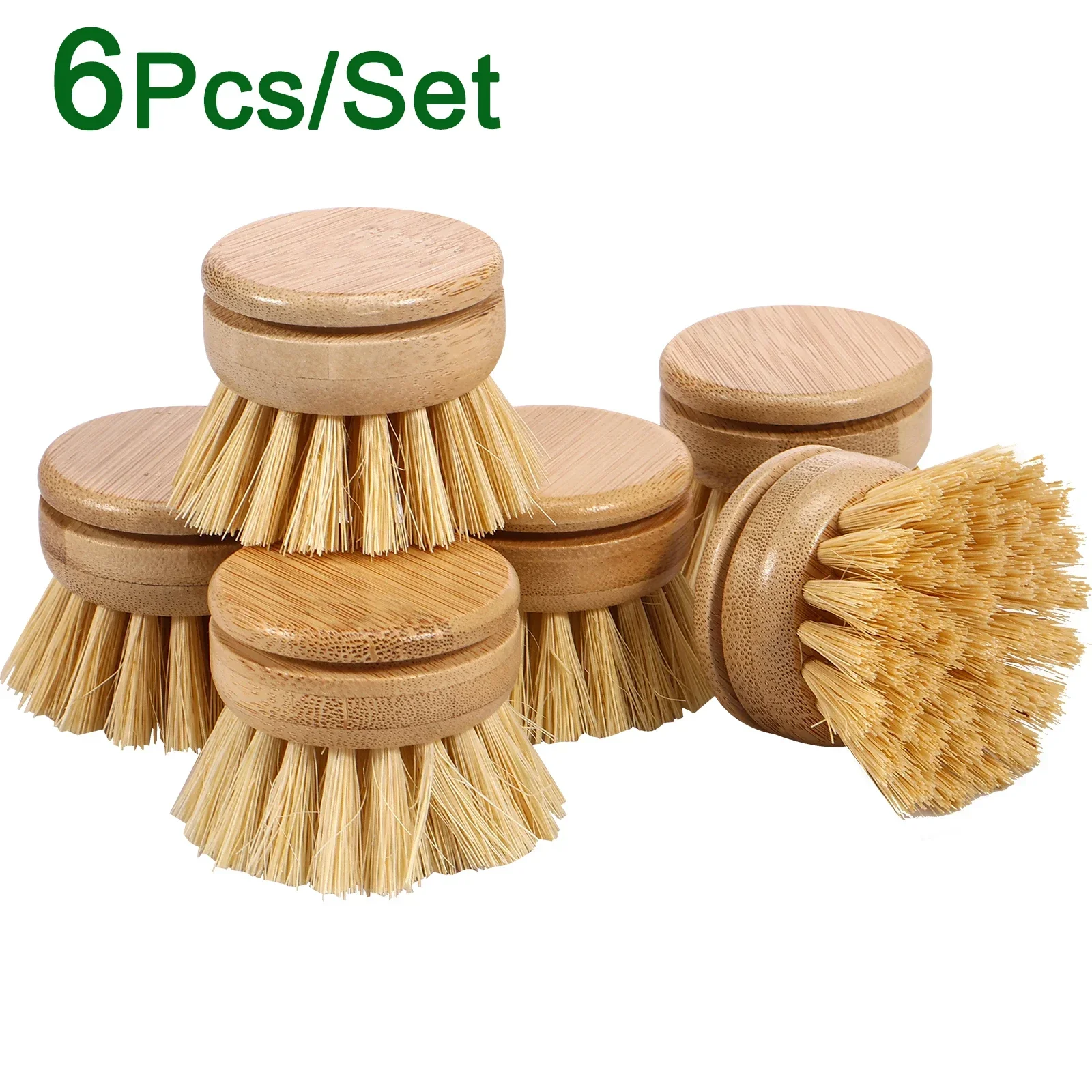 6Pcs Bamboo Dish Scrub Brushes Natural Sisal Bristles Wooden Cleaning Scrubbers for Kitchen Washing Cast Iron Pan/Pot NEW