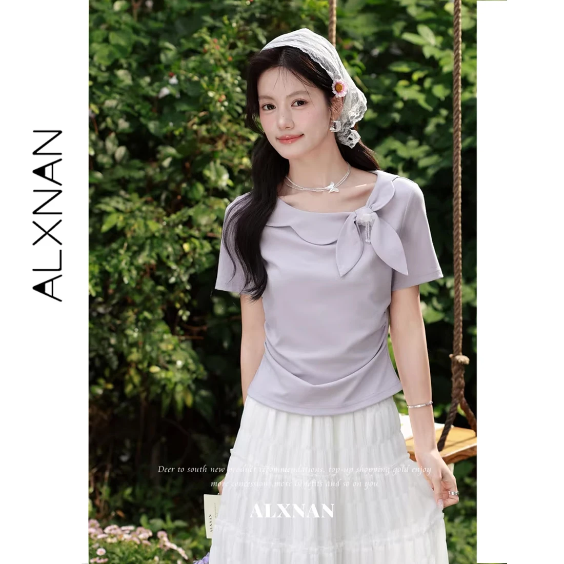 

ALXNAN Light Purple T-shirts Ruffle Neck Bow 3D Flower Pendant Ruched Waist Tops Women 2026 Summer Short Sleeve T-shirt L63305