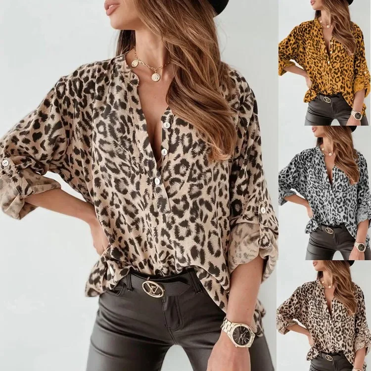 Camisa de manga longa com estampa leopardo para mulheres, pulôver solto com decote em v, blusa feminina, impressão digital, 2023