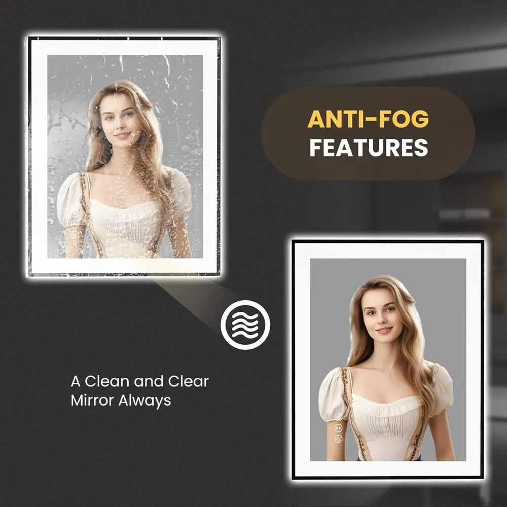 24x30 Inch Black Framed LED Bathroom Mirror with Anti-Fog, Dimmable Lighting, Tempered Glass and Memory Function