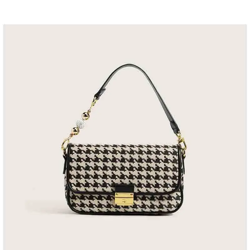 Women\'s Fashionable Black and White Houndstooth Canvas Shoulder Bag  Luxury Designer Underarm Handbag Classic Style