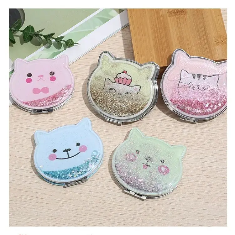 Cute Cat Shaped Handheld Mirror with Shiny Sequins Design Portable Small Folding Hand Mirror Double Side Makeup Mirror Gift