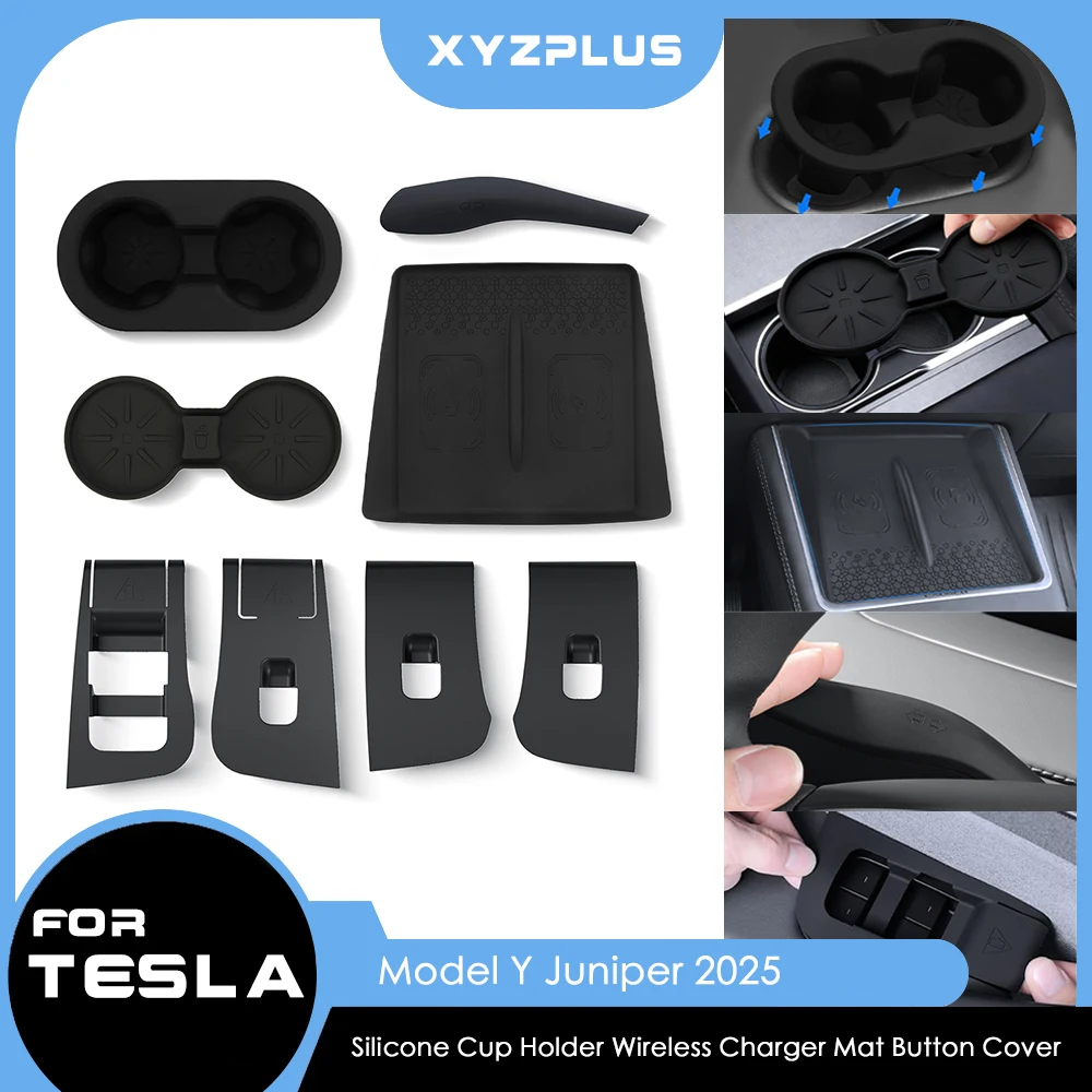 

For Tesla Model Y Launch Juniper 2025 2026 8Pcs Car Silicone Wireless Charging Pad Cup Holder Window Switch Button Cover Mats