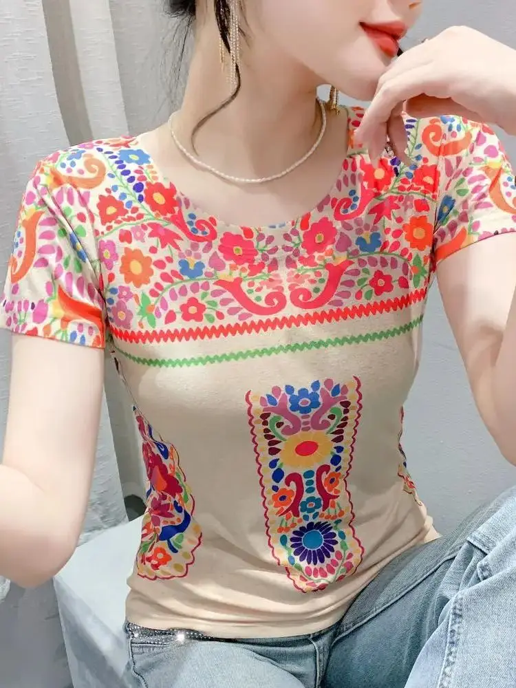 Summer Soft Short Sleeve T Shirts Women Printed Mesh Elegant Stretchy Tops Tees Female Fashion T-Shirt BH802262