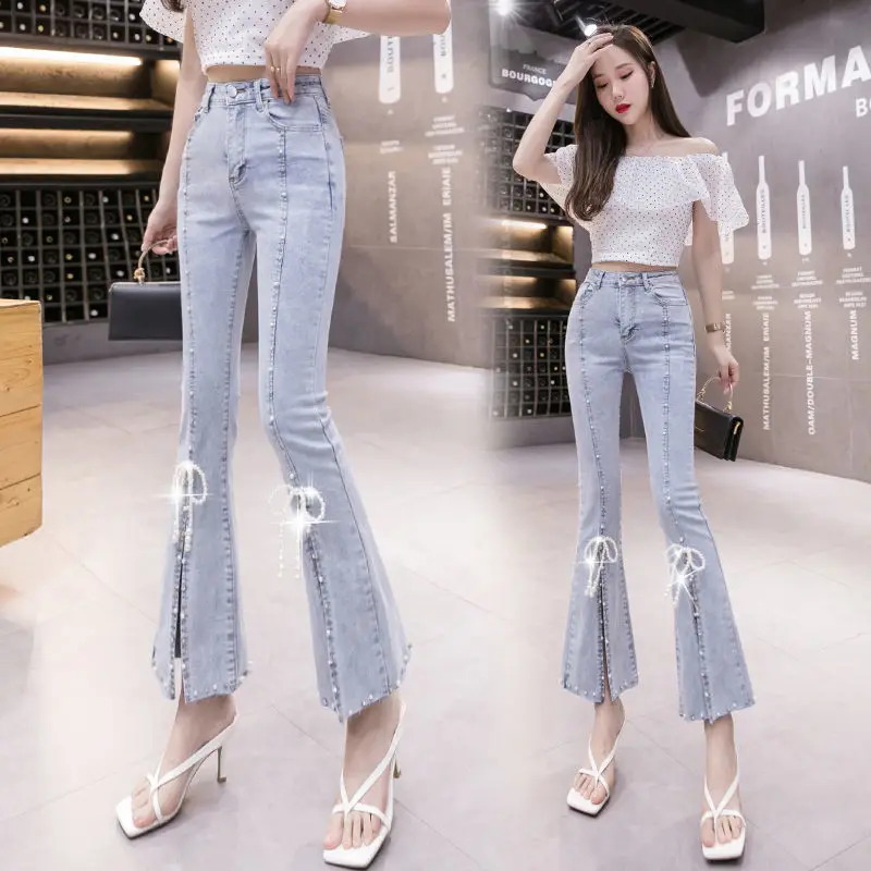 Womens Jeans Pipe with Rhinestones Skinny Cropped Pants for Women Slim Fit Lace Slits and Capris Bell Bottom Flare Trousers Emo