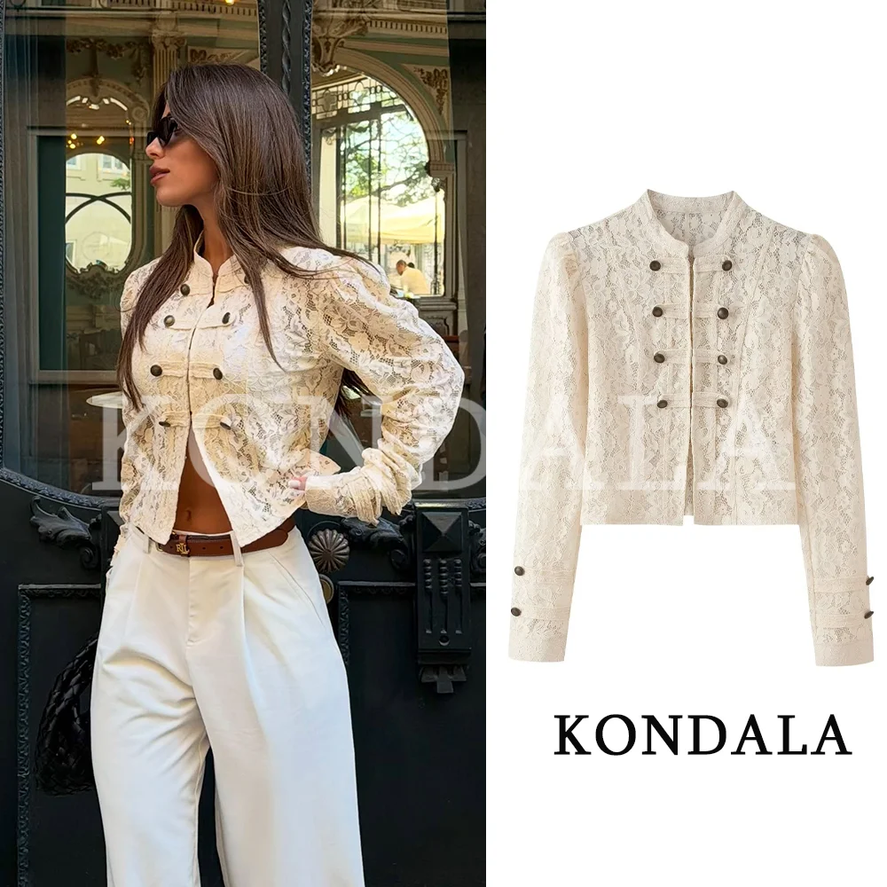 KONDALA Women Elegant Lace Slim Jacket 2026 Summer Early Fall Vacation Chic Dinner Date Jacket Vintage Rope Buttons Trim Jacket