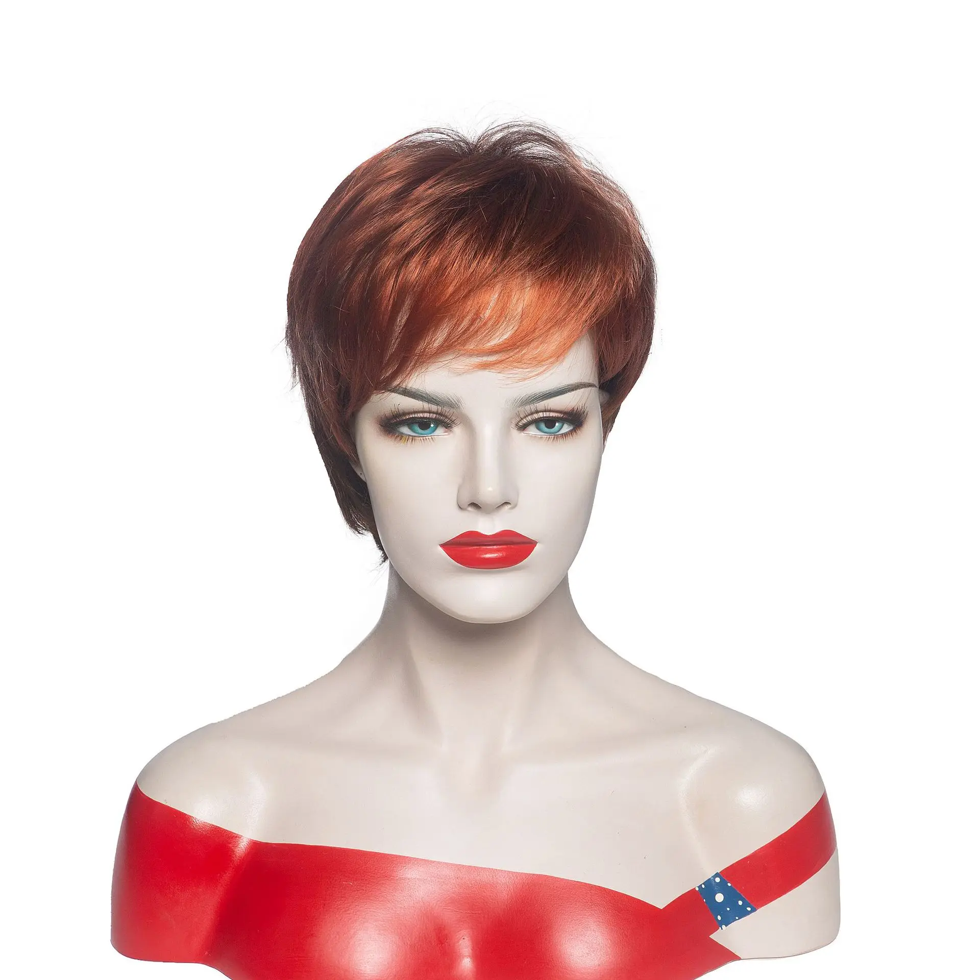 

Synthetic Short Curly Pixie Cut Reddish Brown Wig with Bangs for Women Daily Party Cosplay Fake Hair Heat Resistant