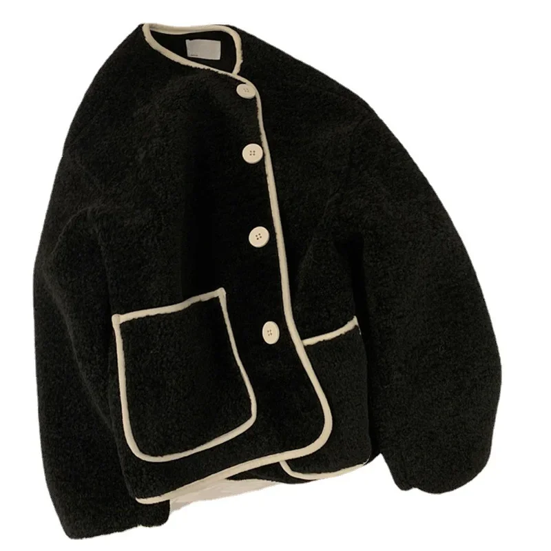 سترة شتوية جديدة فضفاضة قصيرة سميكة من فرو الضأن بأسلوب بسيط مقاس صغير أنيق من ألياف البوليستر معطف بأكمام كاملة #5