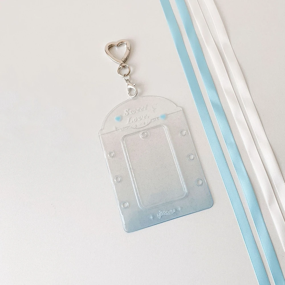 With Keychain DIY Ribbon Photocard Holder PVC Card Cover Love Heart Pendant ID Photo Photocard Frame Korean Style