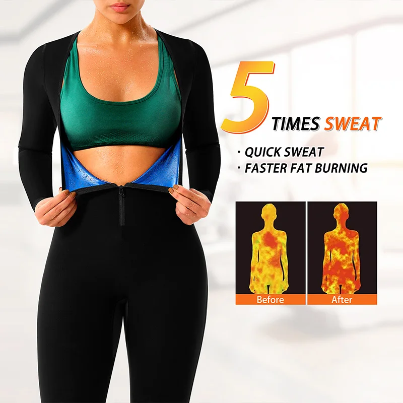 Women 3-in-1 Long Sleeved Shorts Body Shaper Sauna Sweat Suit for Adult Fat Workout Weight Loss Slimming Waist Trainer Jumpsuits