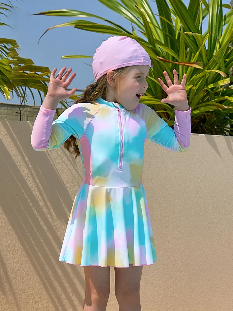 Swimsuit Girl One-Piece Children\'s Swimwear Long Sleeve Skirt Swimming Bathing Suit UPF50+ UV Protection Beach Dress Rash Guard