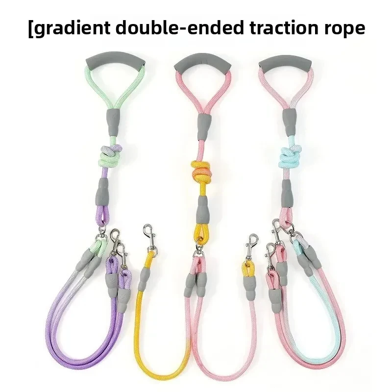 Double Dog Leash Gradient Nylon Pet Traction Rope for Two Dogs No Tangle Foam Handle Walking Leash