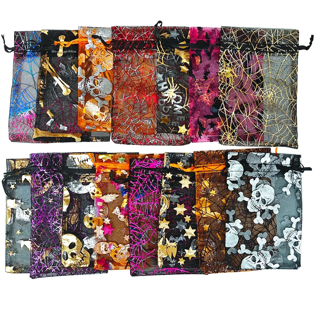 25/50/100pcs Colorful Halloween Organza Gift Bags Skull Spider Web Printing Packaging Gift High Quality Drawstring Candy Bag