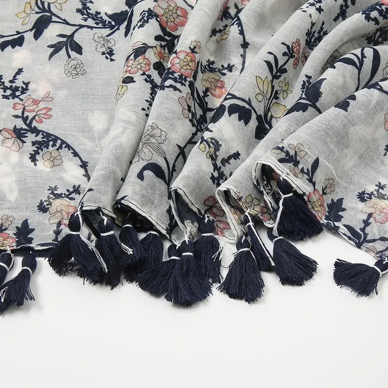 Women Cotton Linen Scarf Floral Print Tassel Shawl Vintage Patchwork Viscose Muffler Fashion Decoration 180*90cm