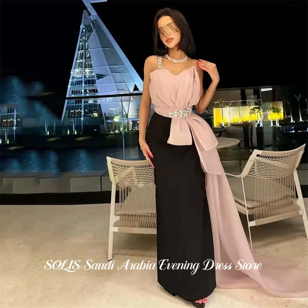 

SOLIS Pink and Black 프롬 드레 Spaghetti Strap Straight Prom Gown Sleeveless Party Dresses for Formal Event Elegant Customized