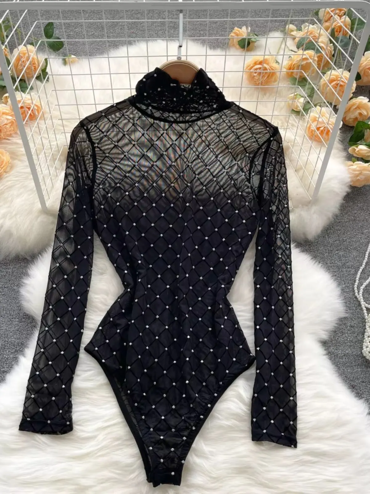 

Ins Fashion See Through Mesh Bodysuit Women Turtleneck Long Sleeve Plaid Skinny Bodycon Jumpsuit Ladies Sexy Clubwear Body Tops