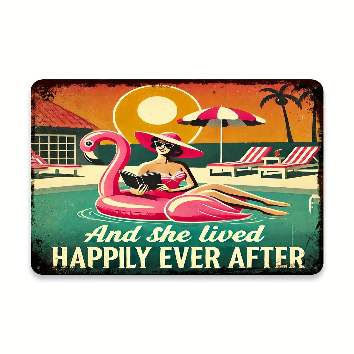 Letrero Metálico Vintage con Diseño de Flamenco y la Frase "Y Vivieron Felices para Siempre" - Decoración Retro para Pared con Escena de Piscina para Hogar, Oficina, Casa de Campo