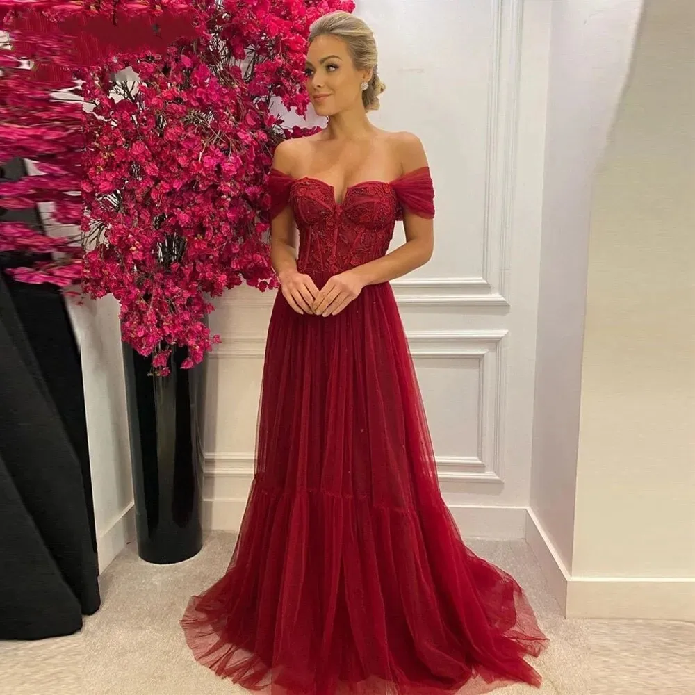 

Flora Dress Red Tulle A-Line Off Shoulder Prom Dress Sweetheart Applique Evening Gown For Woman Backless Formai Party Gown