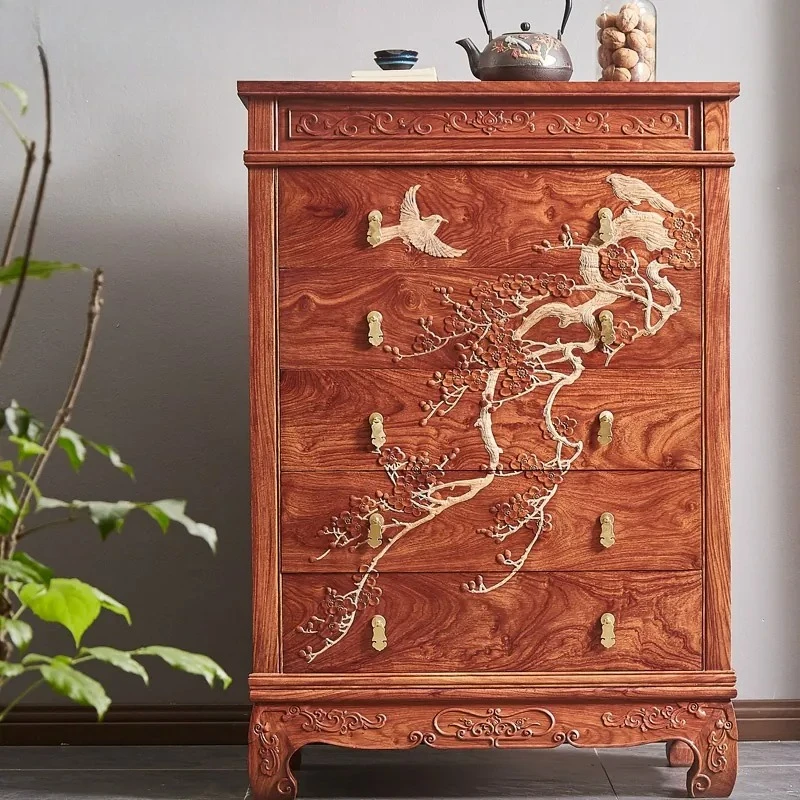 Red wood carving flower chest cabinet, hedgehog red sandalwood rosewood locker, new Chinese solid wood storage side cabinet