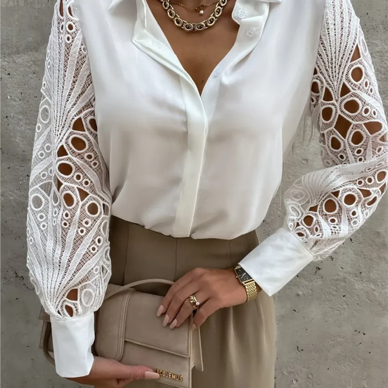 2024 Summer and Autumn Women\'s Chiffon Button High Collar Shirt Flower Lace Long Sleeve Top Fashionable Hollow Pure White Shirt