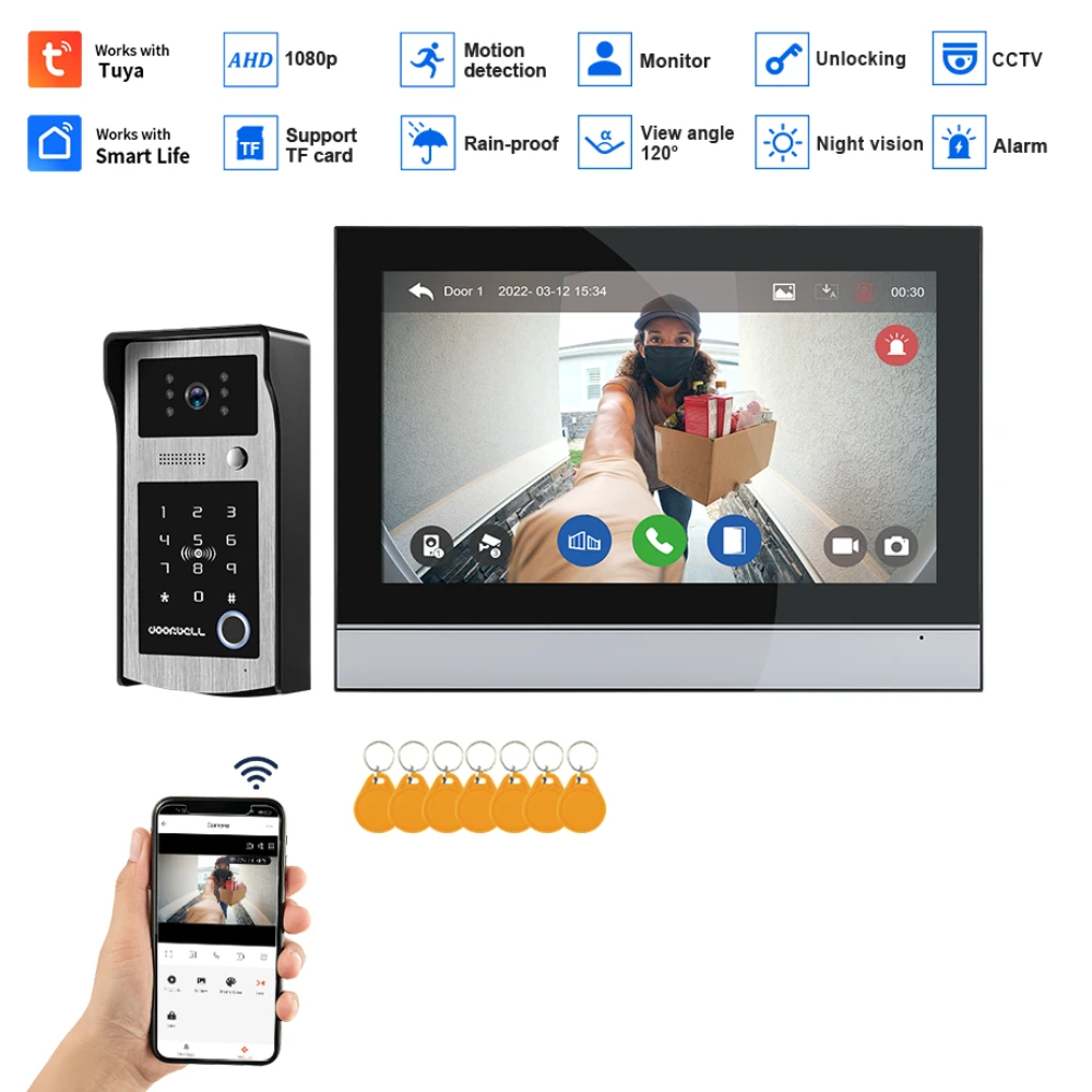 

Fingerprint 5in1 Unlock Wifi Doorbell Video Intercom System For Home Doorphone Tuya Smart 1080P Touch Monitor Security Protect