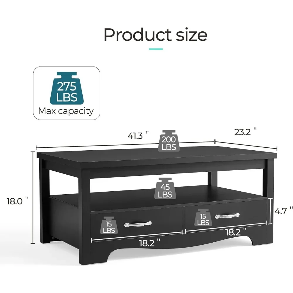 Coffee Table, Living Room Solid Wood Coffee Table with Storage Drawers, Contemporary Style, Coffee Table