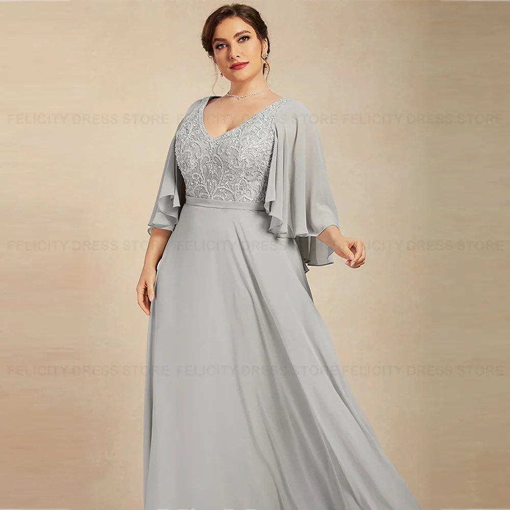 Elegante V-Neck Chiffon Lace Dress, Vestidos para convidados do casamento, Mãe da Noiva Vestidos, A-line, Lace Sequins, Plus Size, 2023