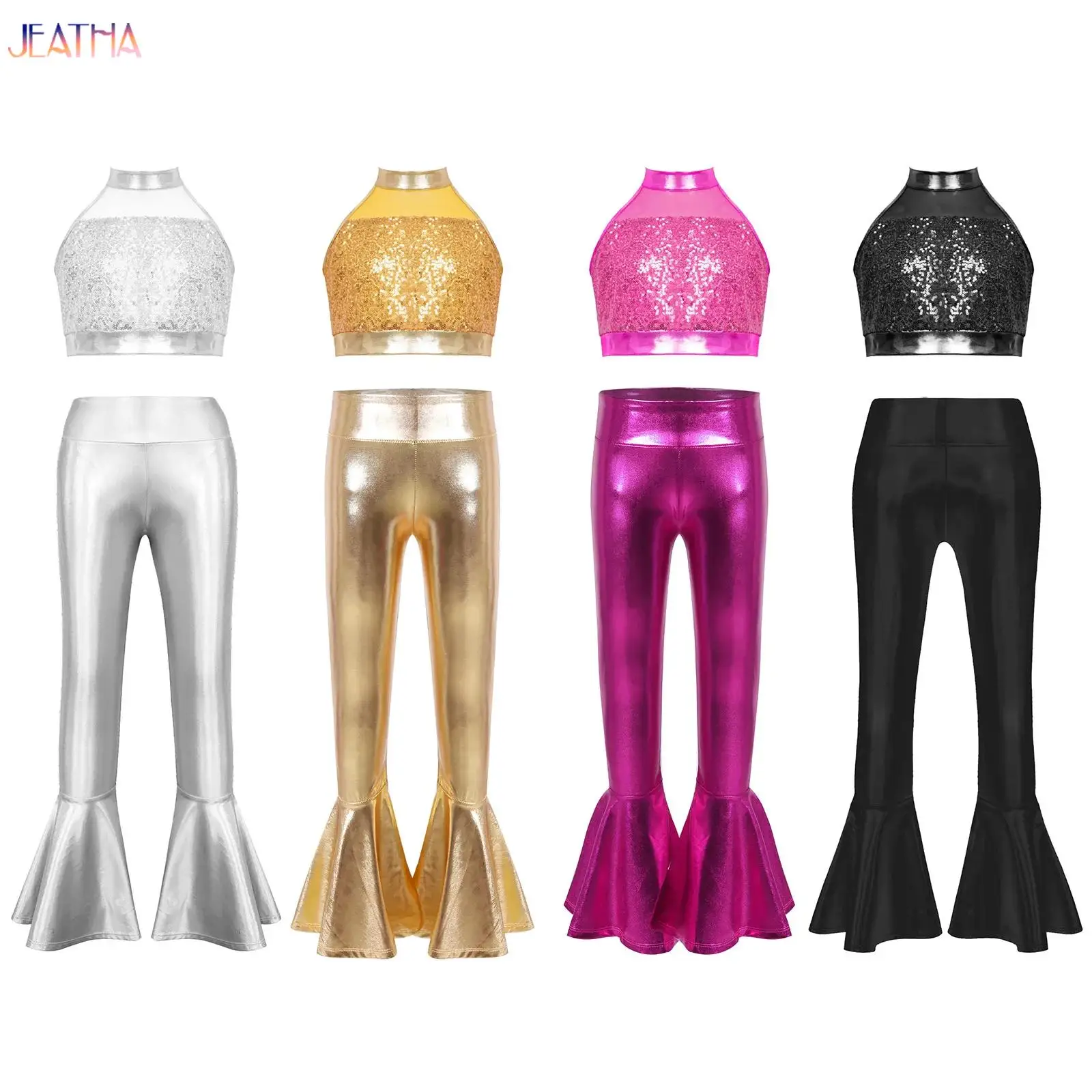 

Kids Boys Metallic Disco Jazz Tango Cha-cha Outfit Costumes Sleeveless Crop Vest and Flare Pants for Halloween Carnival Party