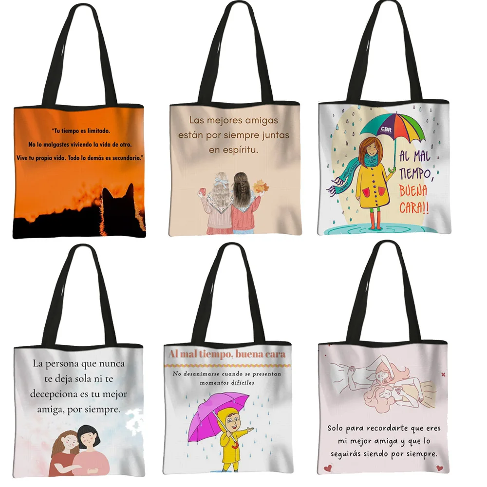 Spanish Inspirational Positive Phrase Print Shoulder Bag Women Life Quotes Shopping Bags Canvas Handbag Eco Reusable Totes Bags