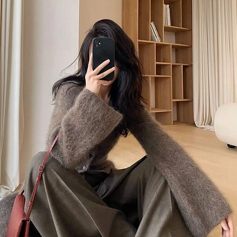 

Retro Sweater Jacket Cardigan Women's Mid To Long Style Autumn and Winter New Collection Lazy Style Over The Knee Knit Sweater