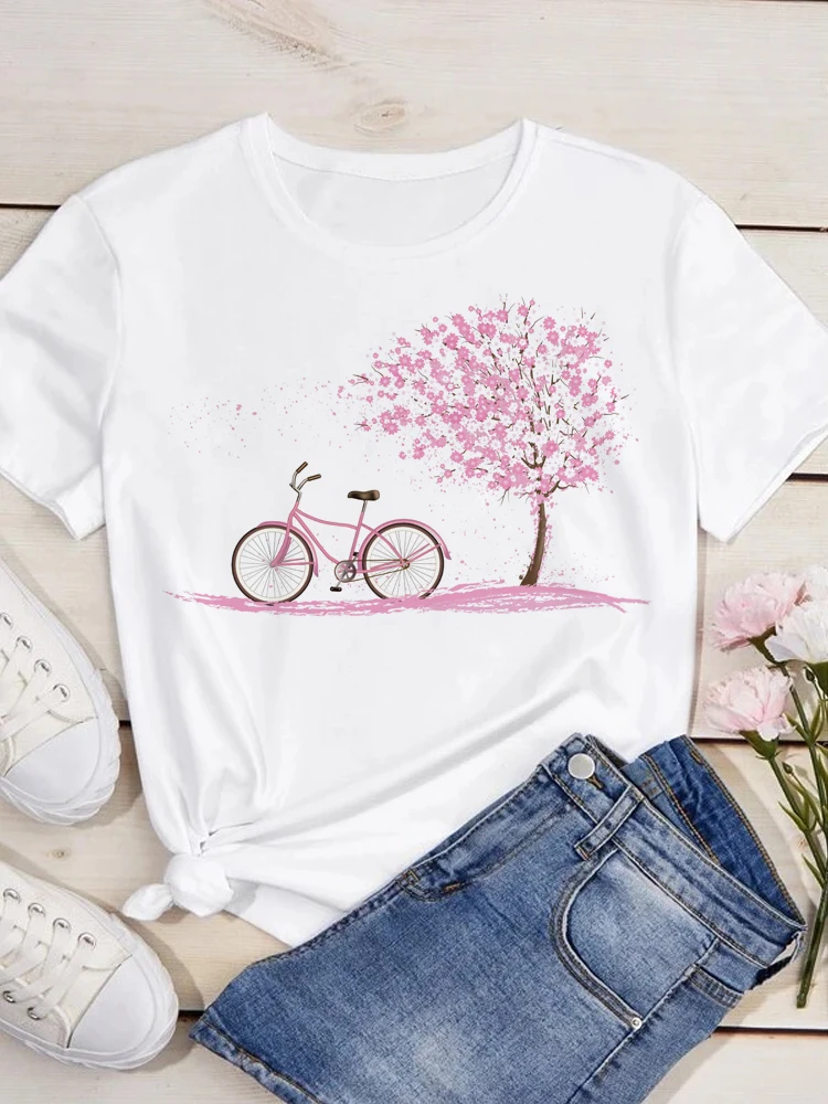 Fashion Women T-shirt Casual Flower Bicycle Print Women T Shirt O Neck Short Sleeve Tees Summer Woman Clothing Tops Y2K
