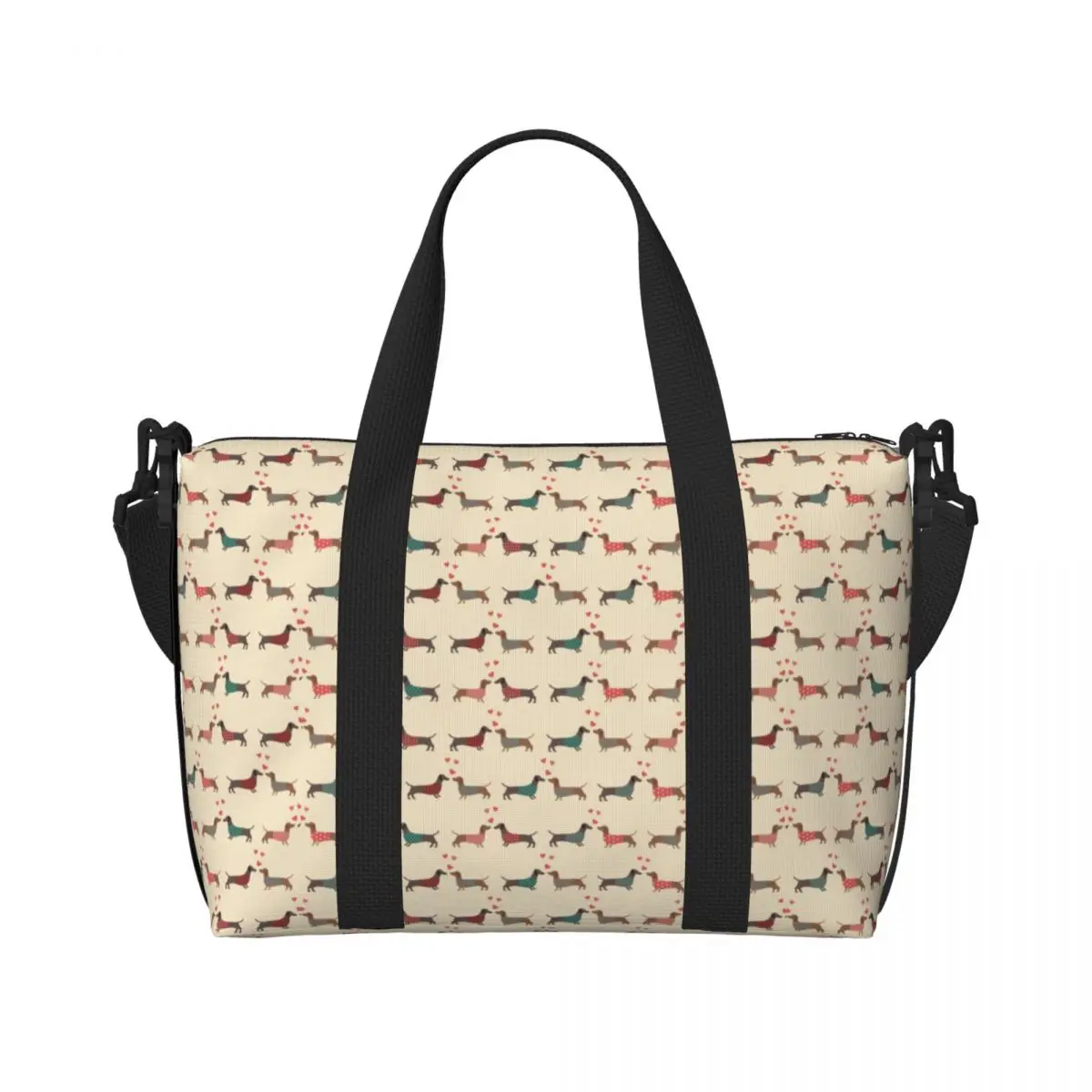 Custom Couple Dachshund Dog Pattern With Heart Beach Tote Bag Women Sausage Badger Dackel Puppy Big Compartment Beach Gym Bags