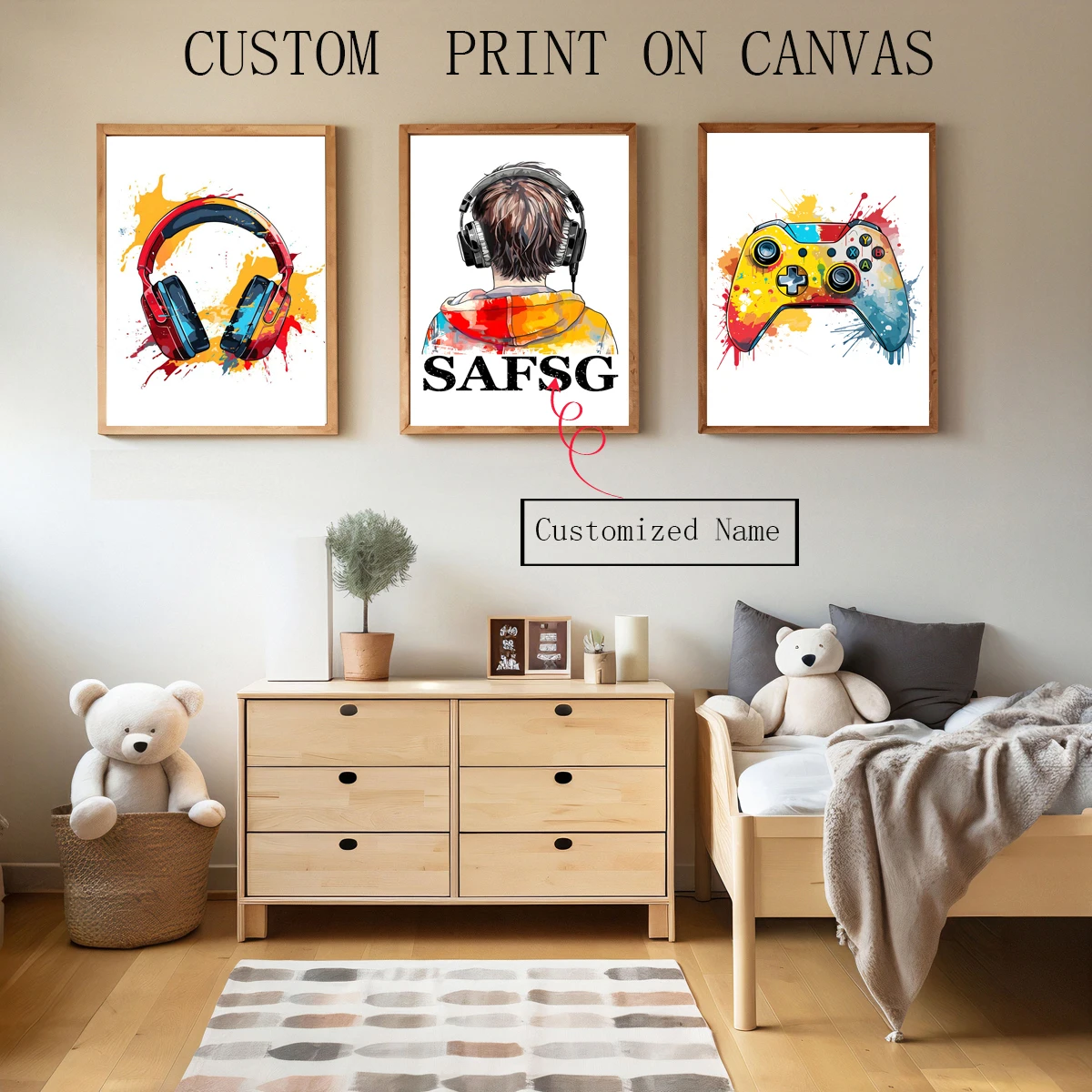 

3pcs Personalized Customized Gaming Canvas Prints - Vibrant Game Controller & Headphones Art, Personalized Name, Poster Print