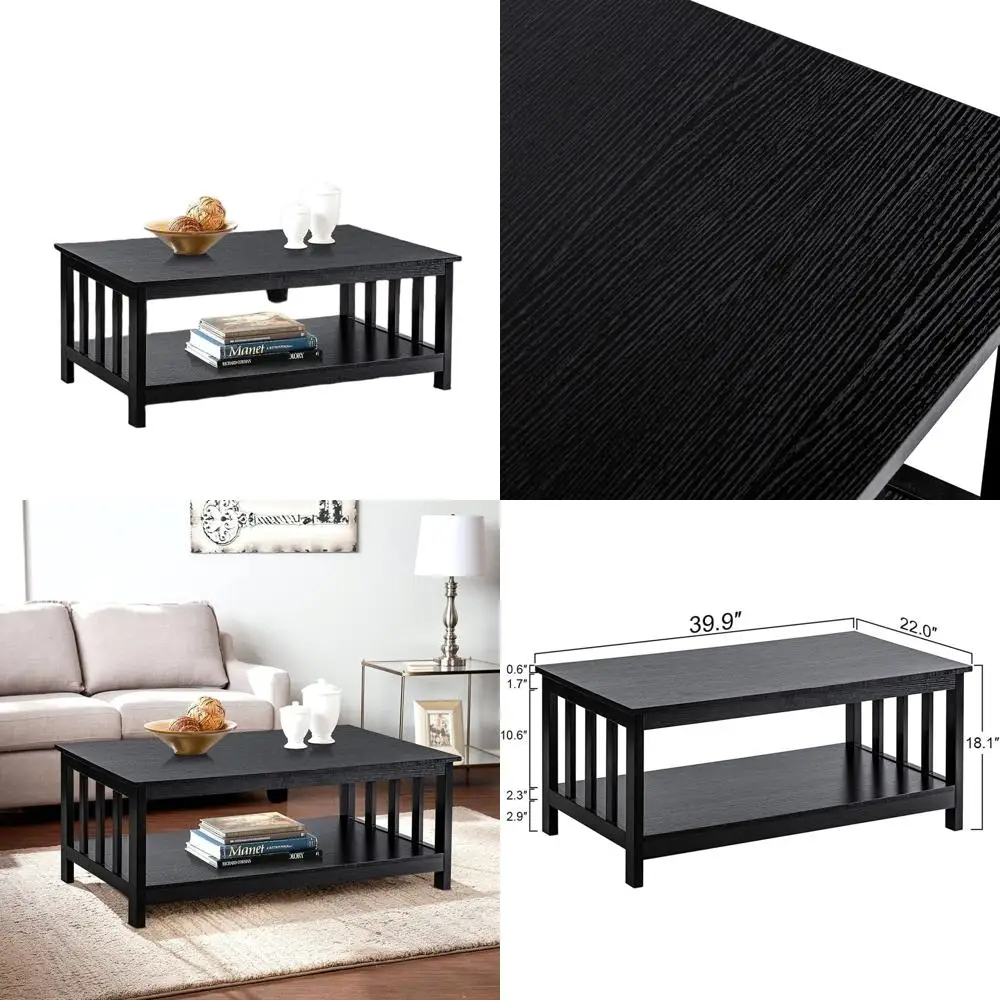

Contemporary Black Wooden Shelved Living Room Coffee Table, 40 Inches