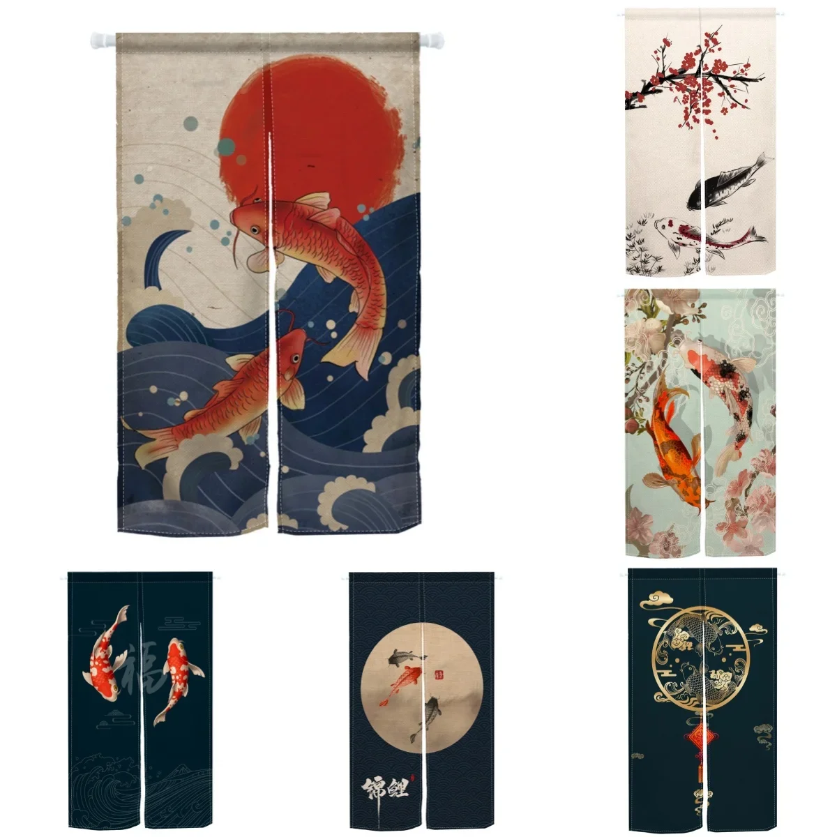 Cortina de porta japonesa criativa koi dividida meia cortina cozinha quarto entrada fengshui linho pendurado cortina para decoração de porta