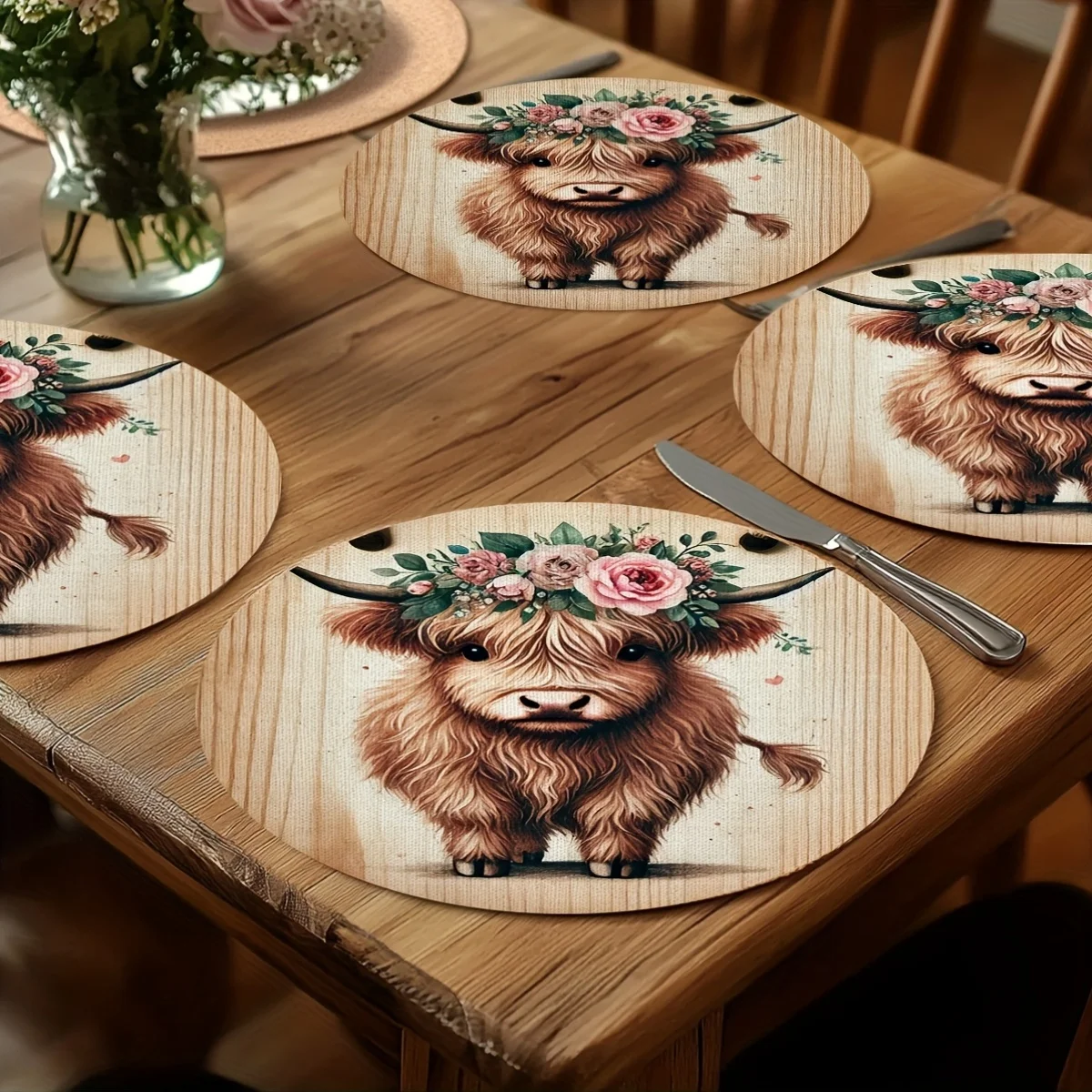 VIKAMA Round Farmhouse Placemats Highland Cow Floral Linen Mats Non-Slip Heat Resistant for Rustic Dining Table Decor