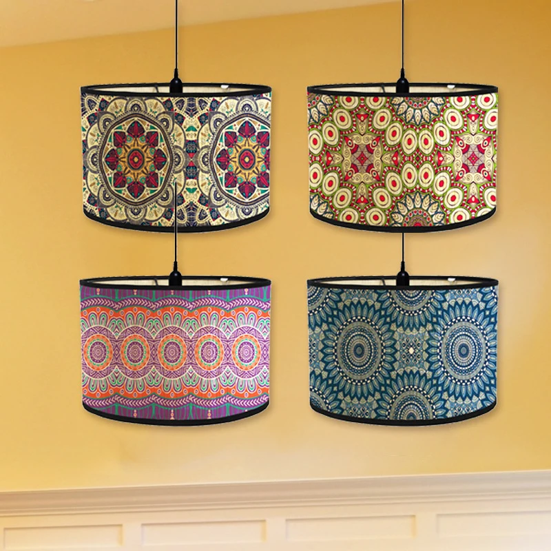 Retro Style Bamboo Lampshade Vintage Printed Chandelier Lamp Cover Japanese Cafe Bar Lounge Hotel Home Decor Light Accessories
