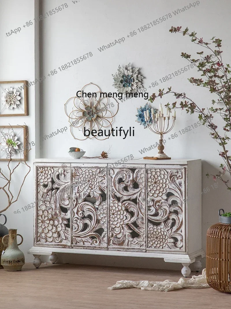 X European-style entrance cabinet wooden retro carved storage side cabinet old decorative chest cabinet