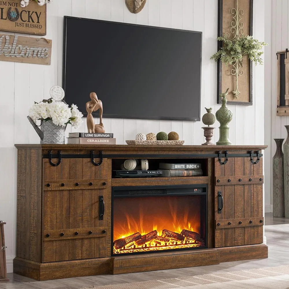 Fireplace TV Stand for 75 80 Inch TV, Entertainment Center with Sliding Barn Doors, Media Console Table with Storage Cabinets