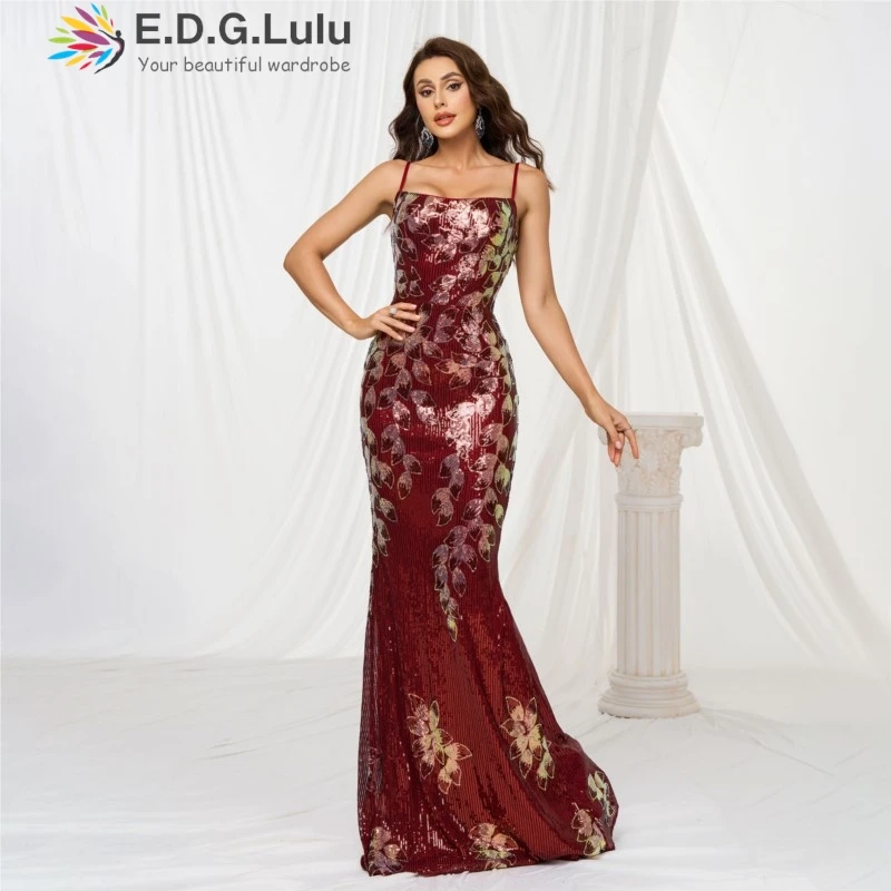 EDGLuLu Abito di lusso rosso floreale con paillettes senza maniche con colletto quadrato 2025 Abiti lunghi a sirena sexy con eleganza senza schienale 0625