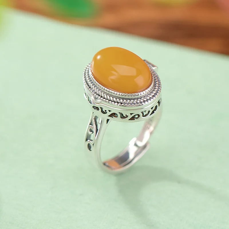 S925 Sterling Silver Amber Grass Pattern Hollow Sachet National Style Elegant Surface Ring